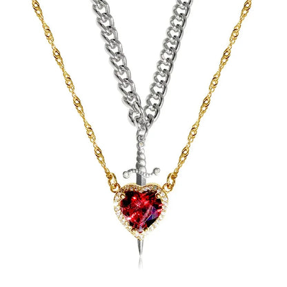 2Pcs Gothic Punk Sword Heart Creative Couple Necklace for Women Men Lovers Sparkling Y2K Heart Pendant Jewelry Accessories Gifts