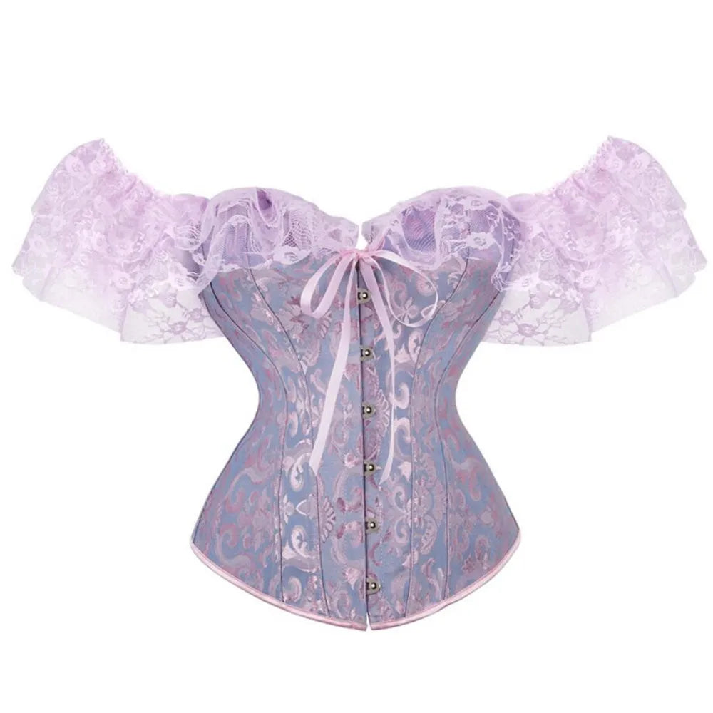 Lace Sleeves Off Shoulder Floral Overbust Corset Princess Elegant Corsets Victorian Women Sexy Bustier Showgirl Party Costume