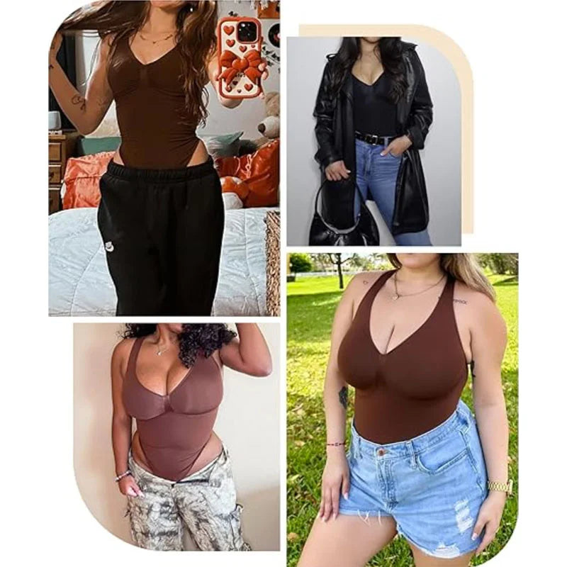 Guudia Ruched Breast Shapewear Bodysuit Wide Shoulder Strap Tummy Control Bodysuits V Neck Shaper Bodysuit Tank Top Bodysuit