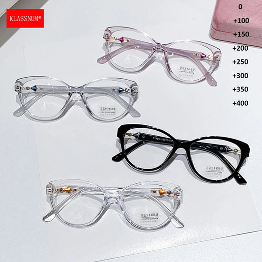 KLASSNUM Women Luxury Reading Glasses 2025 Trendy Cat Eye Frame Anti Blue Ray Eyepiece Magnifing Transparent Plus Lens +1.0-4.0