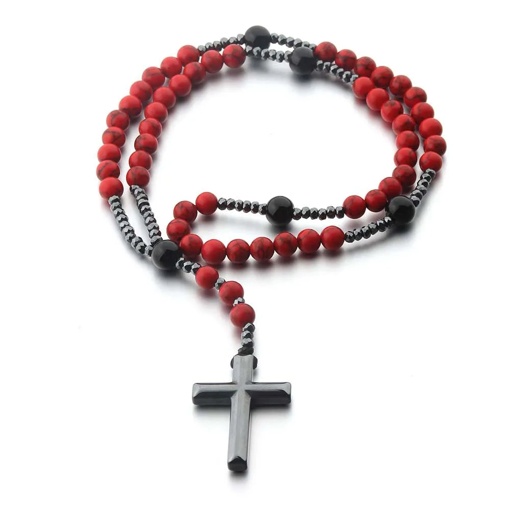 Natural Stone Africa Turquoise and Tiger-eye Beads Cross Pendant Necklace Rosary for Men and Women