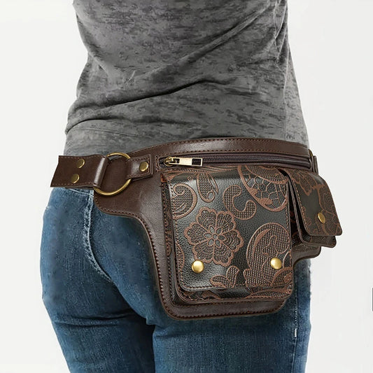 Medieval Punk Waist Bag PU Leather Retro Emboss Adjustable Outdoor Motorcycle Crossbody Pouch Casual Sports Portable Hip Bags