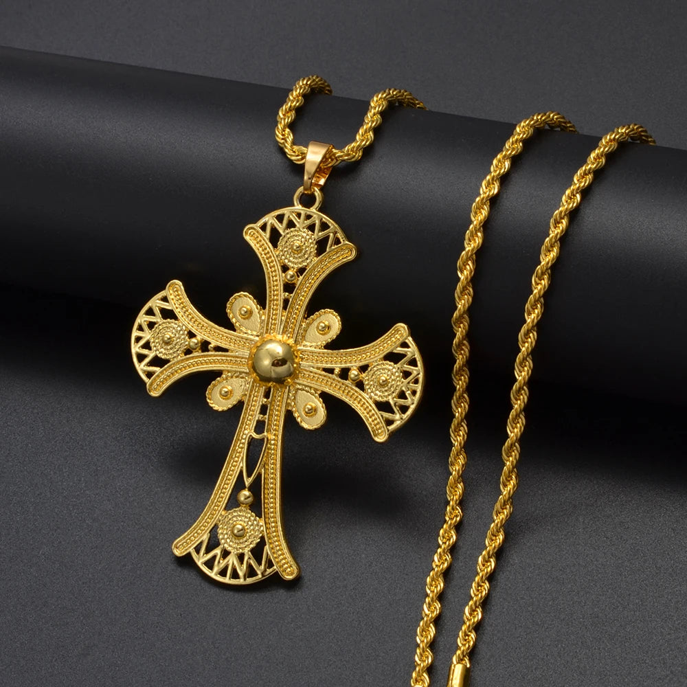 Anniyo Ethiopian Cross Pendant Necklaces for Women  Gold Color Habesha Eritrean African Ethnic Traditional Jewelry #346106