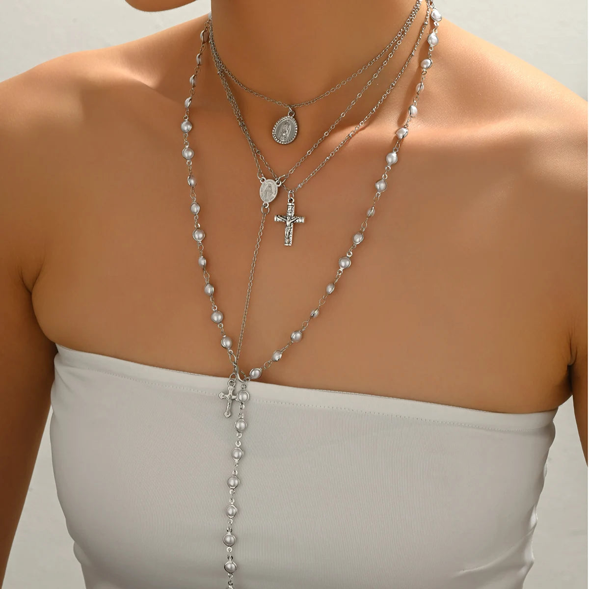 Layered Rosary Cross Necklace Vintage Gold Silver Mary Pendant Pearl Beaded Y Lariat Jewelry Gift for Women