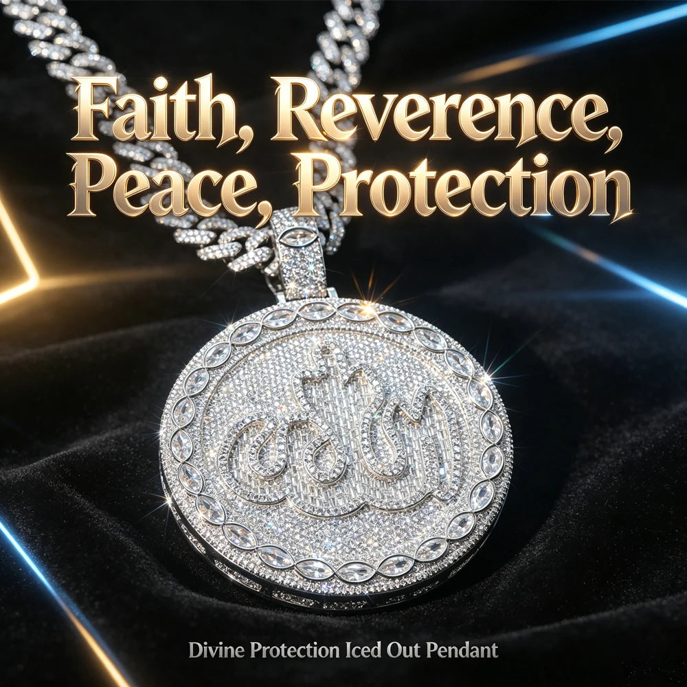 18K Gold Plated Round Allah Zircon Pendant Islamic Hip Hop Jewelry For Men Micro Pave Charm Marquise Stone For Faith Reverence Peace Protection Street Rap Gift For Muslim Men Boy Friends Rappers Fine Jewelry Gifts Iced Out Cu