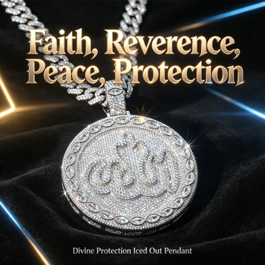 18K Gold Plated Round Allah Zircon Pendant Islamic Hip Hop Jewelry For Men Micro Pave Charm Marquise Stone For Faith Reverence Peace Protection Street Rap Gift For Muslim Men Boy Friends Rappers Fine Jewelry Gifts Iced Out Cu