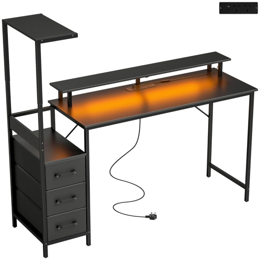 147cm Gaming Desk with Left/Right Adjustable PC Host Stand RGB LED Monitor Riser for Dual 27" Monitors Built-in Power Hub USB-C 3 Fabric Drawers Steel Frame Max 80kg Load Computer Table