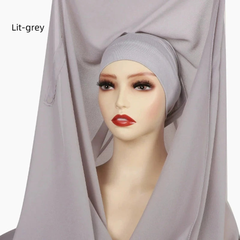 Chiffon Instant Hijab With Bulit-in Magnets Muslim Woman Hijab Solid Color Easy To Wear Shawl Wrap With Undercap Famme Headscarf