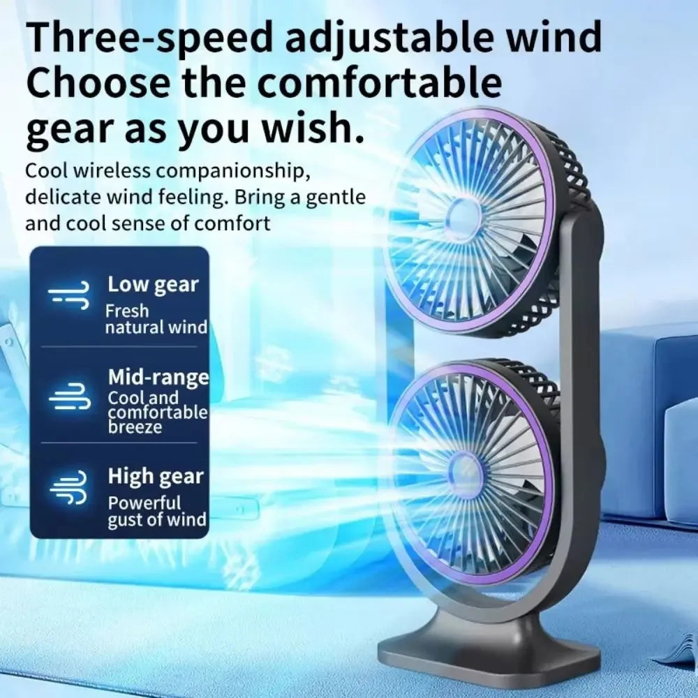 Dual Head Desk Fan 3 Speed USB Rechargeable Table Cooling Fan Low Noise with LED Night Light Independent Control for Home Office Bedroom Desktop