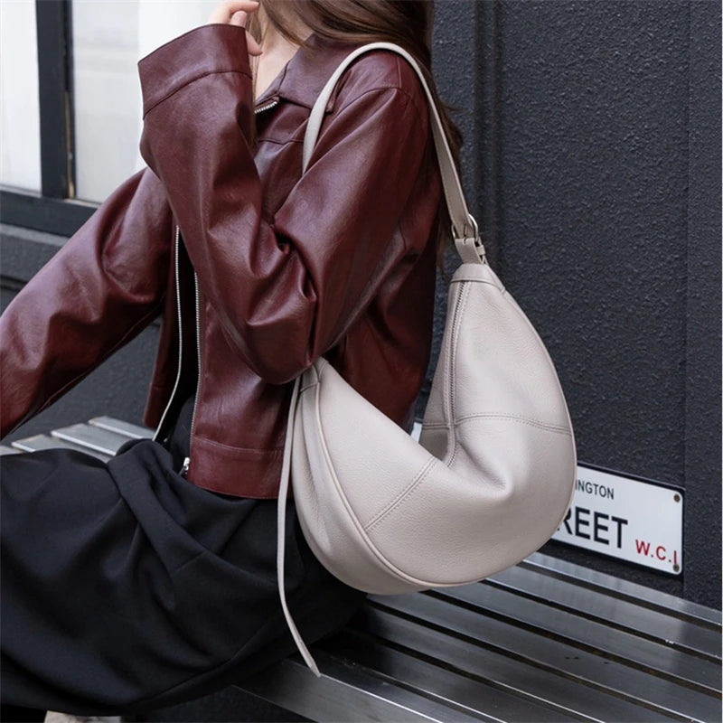 BURMINSA Soft Genuine Leather Crescent Hobo Bag For Women Slouchy Cowhide Shoulder Bag Retro Daily Work Crossbody Purse Handbags