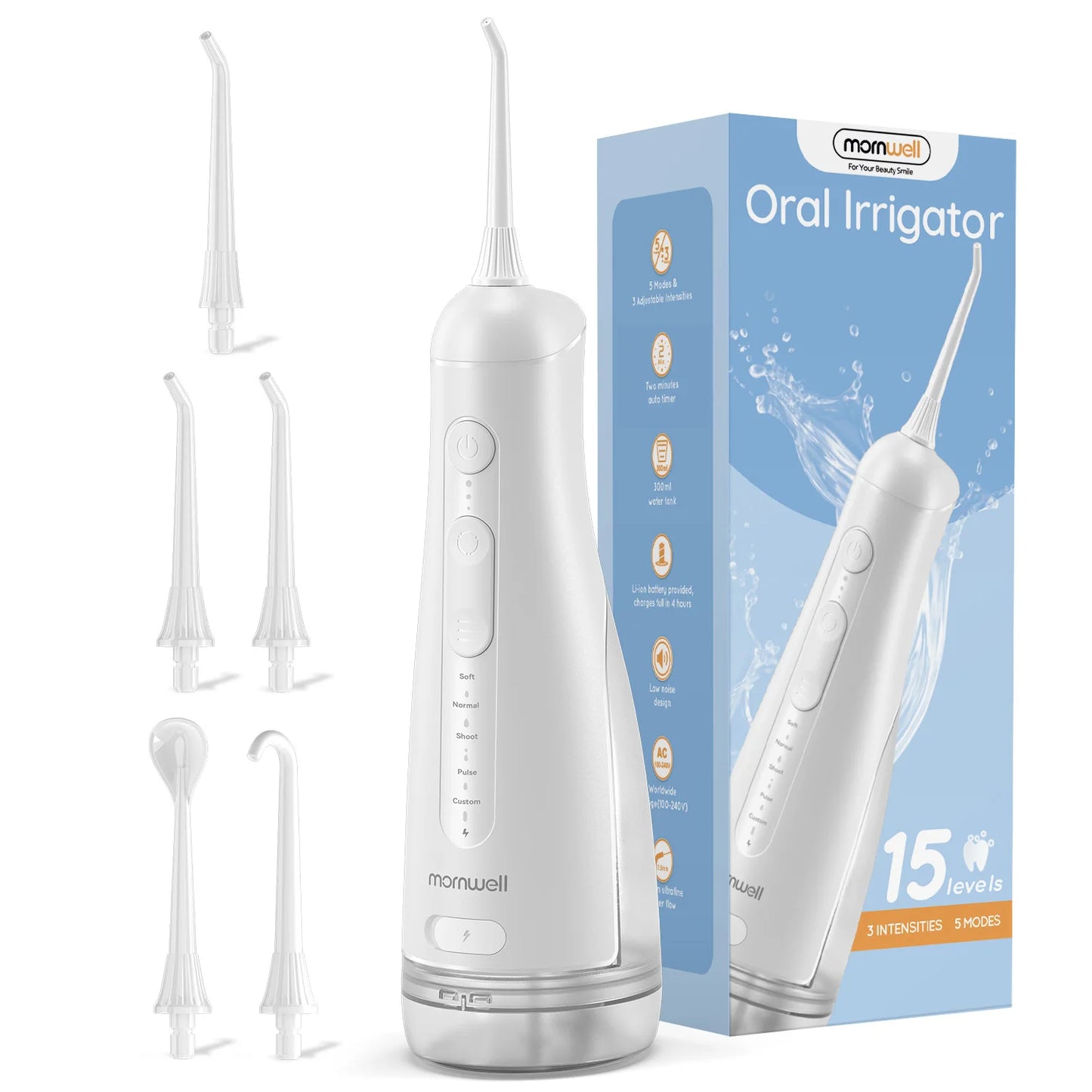 Portable Oral Irrigator with 5 Jet Tips , 5 Cleaning Modes of 3 water pressure , 300ml Water Tank IPX7 Waterproof Water Flosser