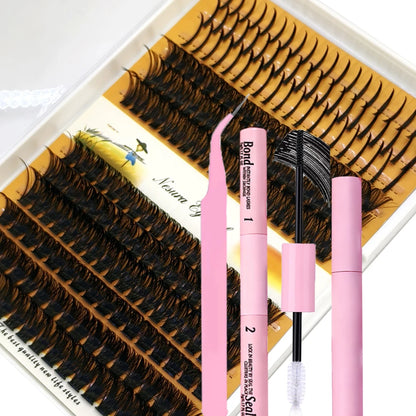 HBZGTLAD 12rows DIY Lash Extension Kit D Curl Spikes60D80D100DMIXC Dwith black Waterproof Lash Bond and Seal Waterproof Tweezers