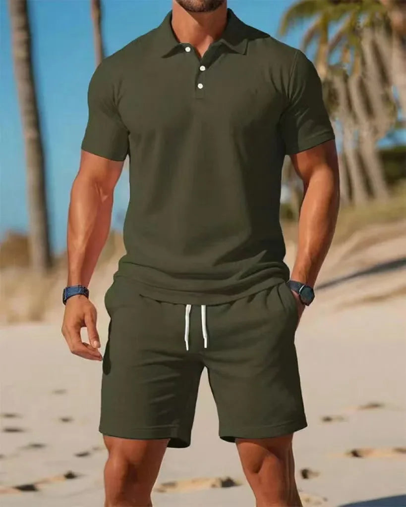 Summer Casual Versatile Fashion Short-Sleeved Button-Down Polo Shirt And Breathable Mesh Shorts Set for Men Plus Size