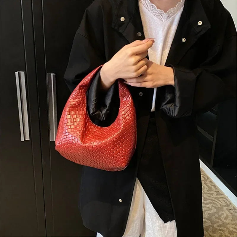 Retro Casual Versatile PU Leather Tote Bag,Fashion Woven Embossed Shoulder Bags ,Knotted Decorative Hobo Bag,Pleated Cloud Bag