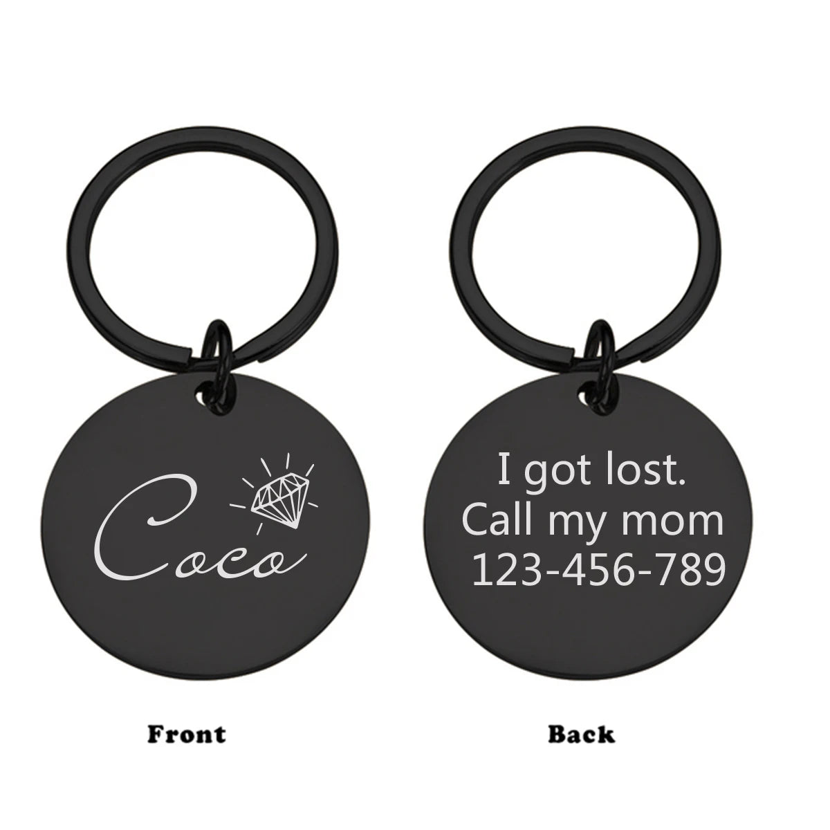 Customized pet nameplate with circular stainless steel text, digital engraved dog and cat collar ID tag, name, phone number,