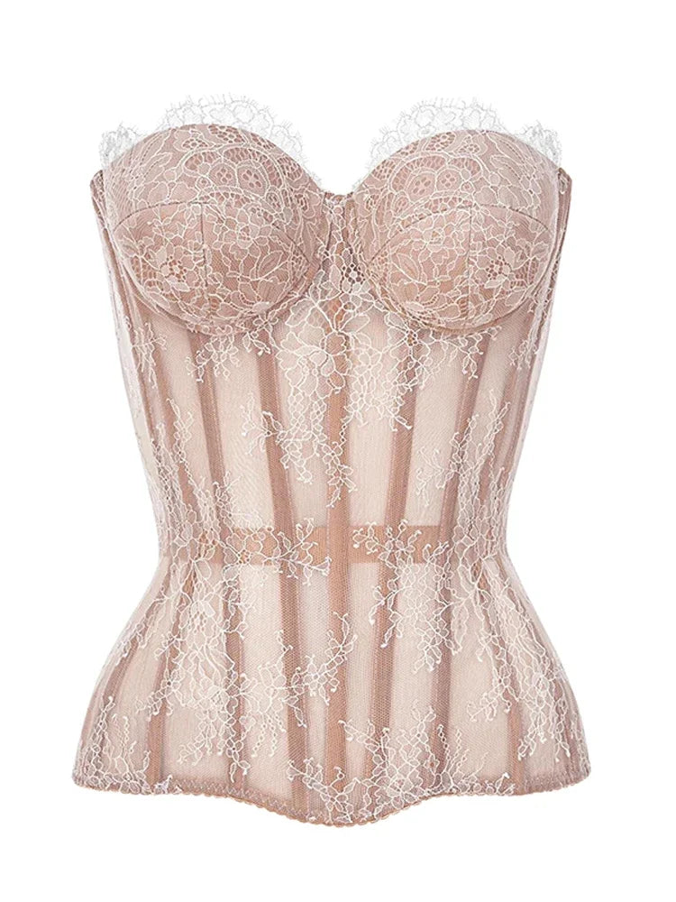 Women's Lace Patchwork Vest Sexy Bandage Strapless Backless Slash Neck Female Corset 2026 Summer Lady Beach Party Tops New