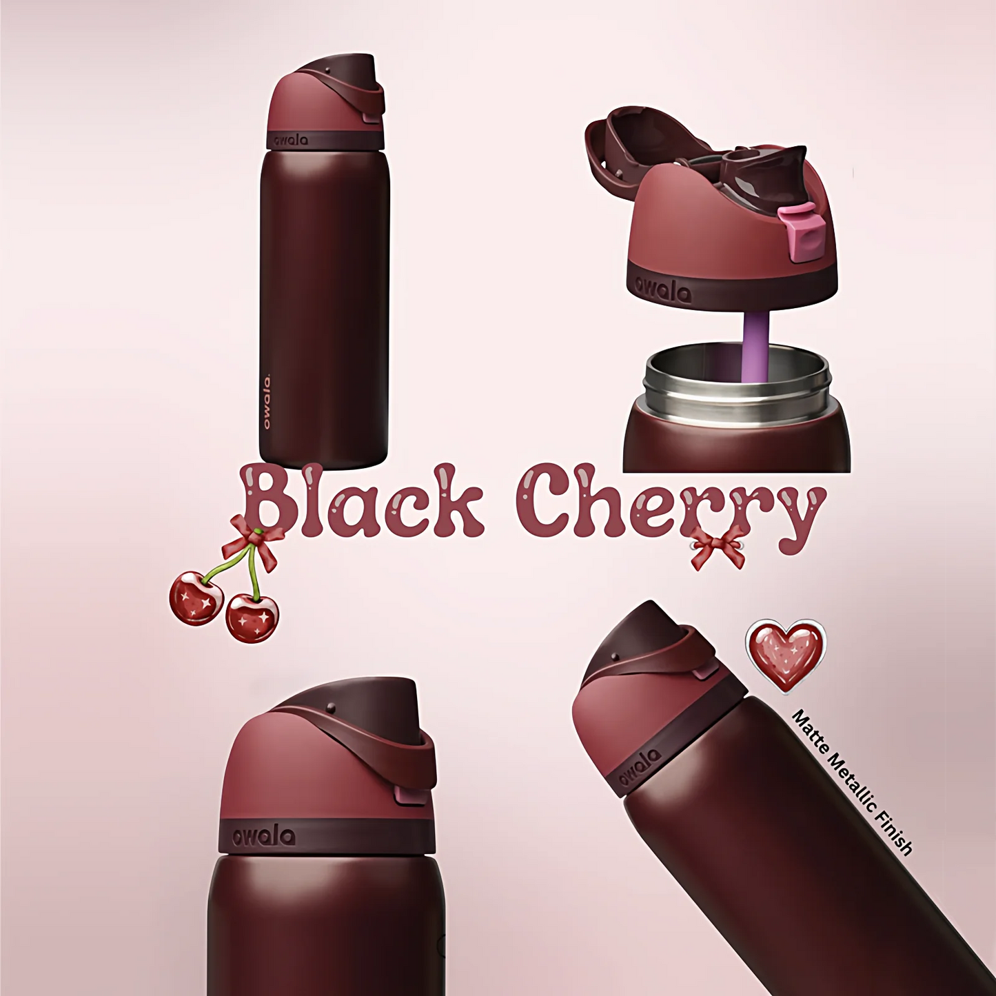 Owala Insulated Cup Black Cherry FreeSip Double Lid Large Capacity Sports Straw Insulated Cup Portable Cup，Silicone bottom cover