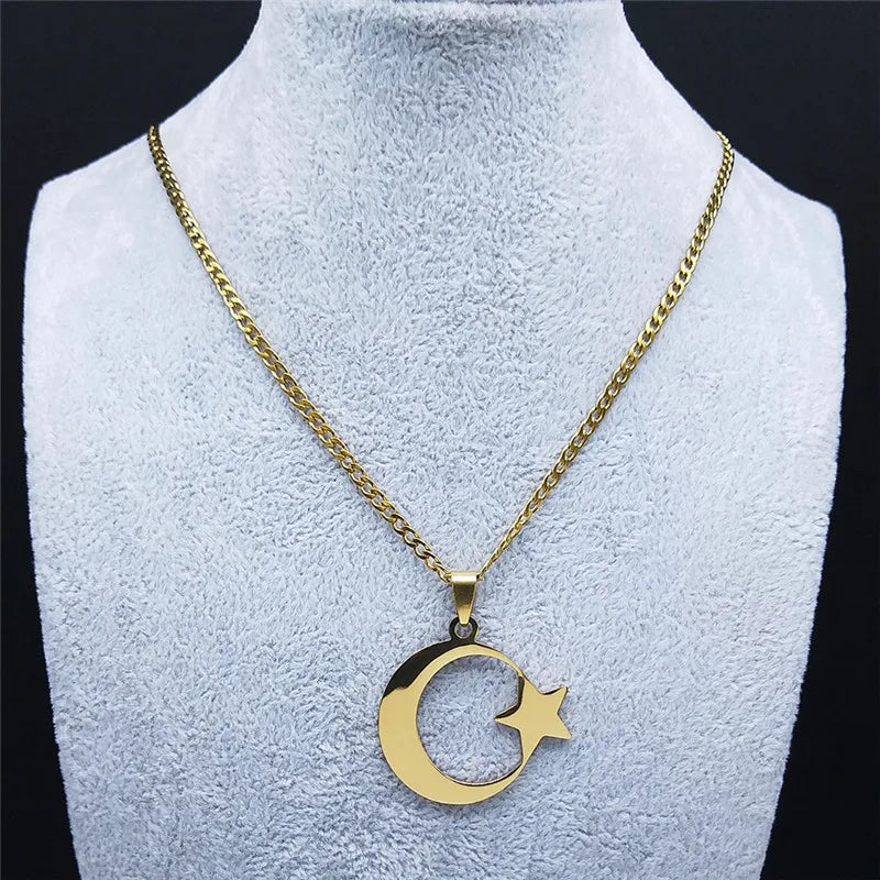 2026 Muslim Islam Moon Star Stainless Steel Chain Necklaces for Women Gold Color Necklace Jewelry Collares De Mujer N4811S05