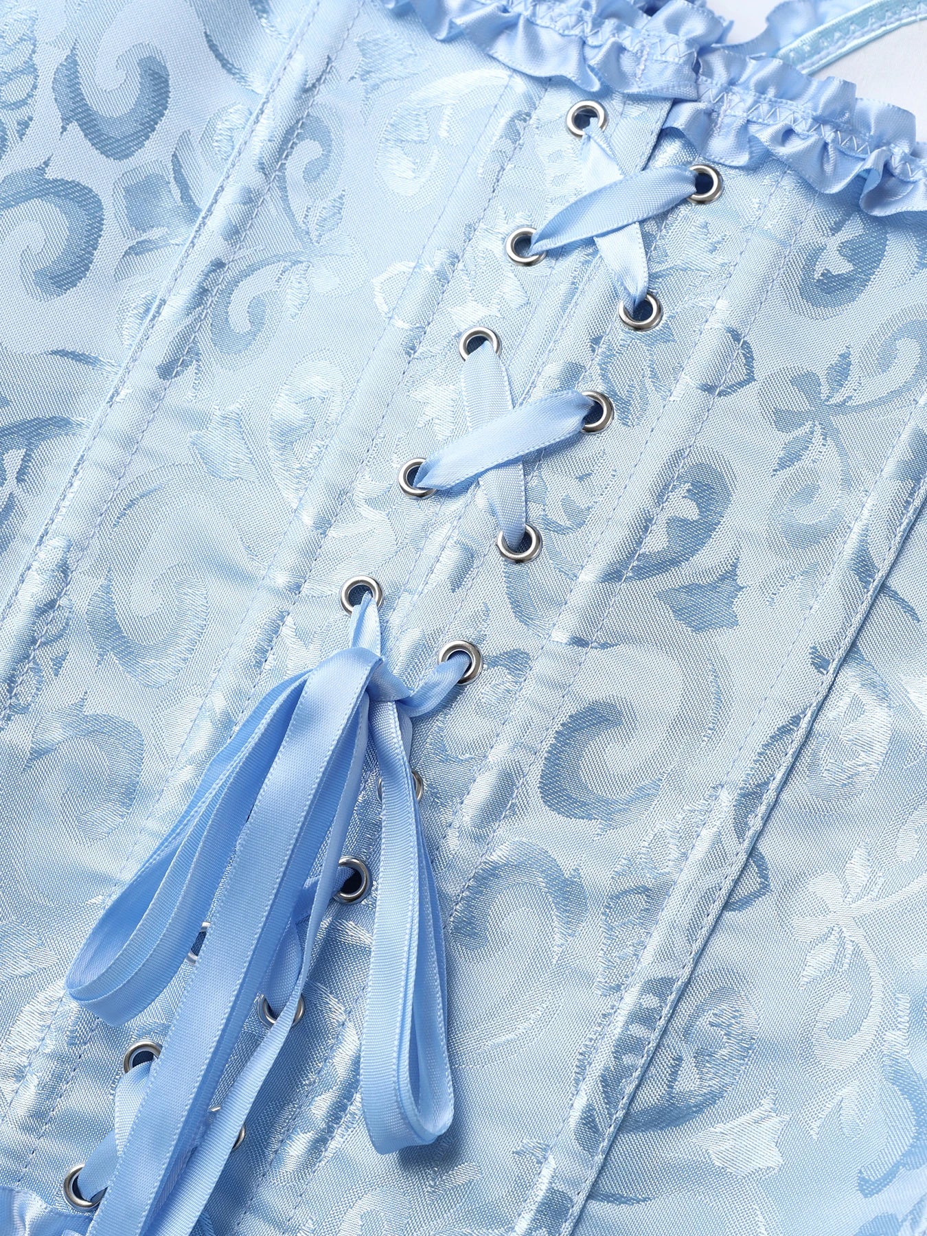 Women's Strapless Sweetheart Corset Light Blue Floral Jacquard Ruffle Frill Bustier