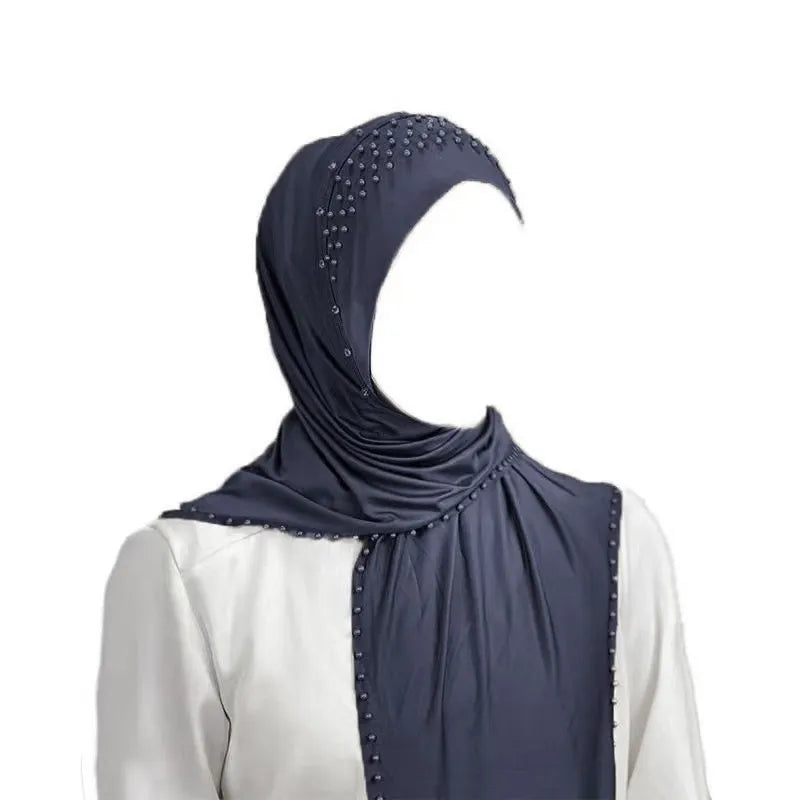 Convenient Instant Hijab Pullover Beaded Scarf Malay Shawl Women's Solid Color Headscarf (One Cap Gift)