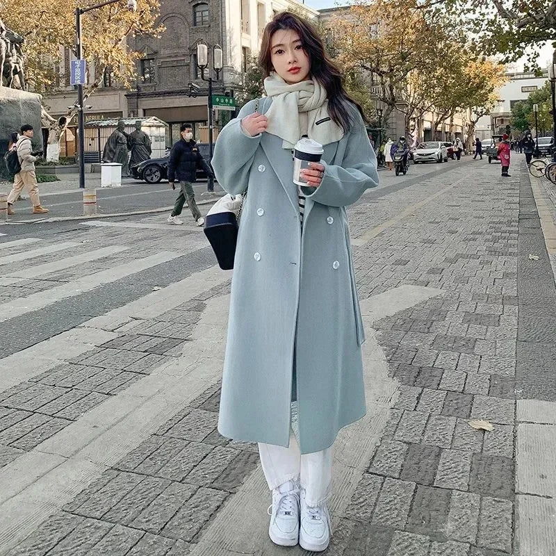 Blue Korean Style Woolen Coat Loose Women's Fashion Autumn Winter New Arrival Medium Length Belted Outerwear for Ladies | Women's Fashion