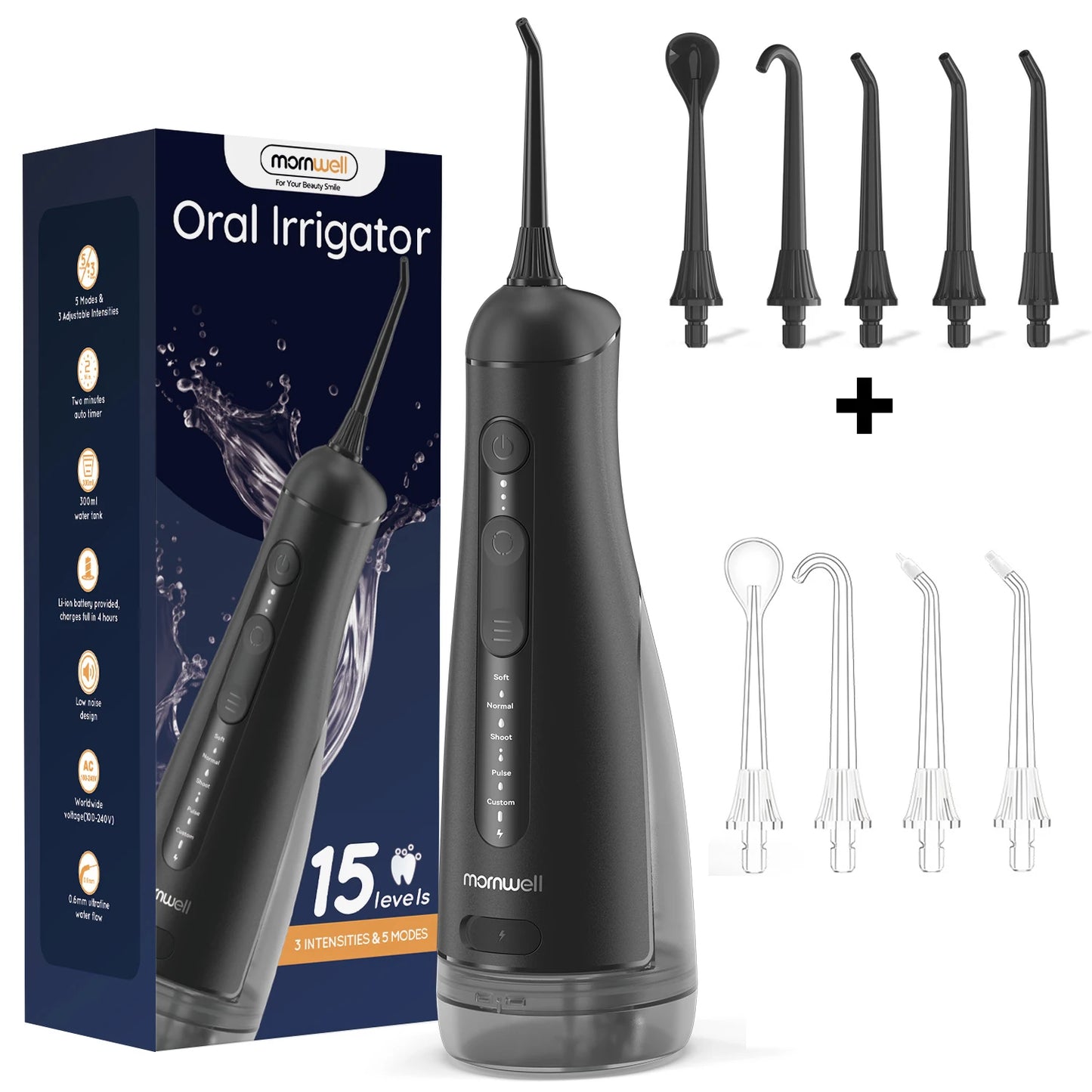 Portable Oral Irrigator with 5 Jet Tips , 5 Cleaning Modes of 3 water pressure , 300ml Water Tank IPX7 Waterproof Water Flosser