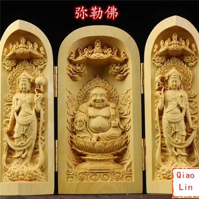 Solid Wood Carving Three Open Buddha Statue, Collapsible Sculpture, Living Room and Bedroom Decoration, Modern Art