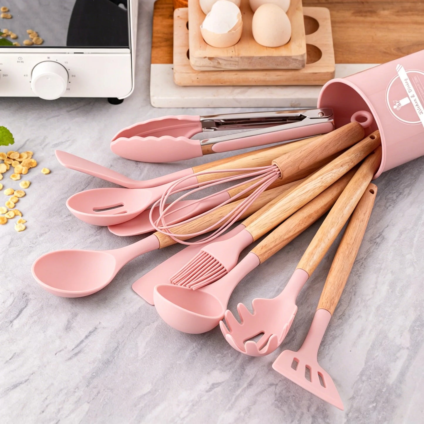Silicone Kitchen Utensils Set 12-Piece, Heat Resistant, BPA Free, Wooden Handles & Storage Bucket for Non-Stick Cookware, Baking & Cooking