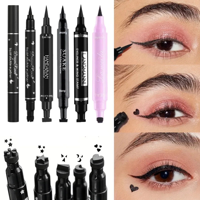 2 in 1 Black Eyeliner Stamp Waterproof Sweat-proof Dual-ended Liquid Eyeliner Quick Dry Easy Applying Eyeliner Pen Lazy Makeup