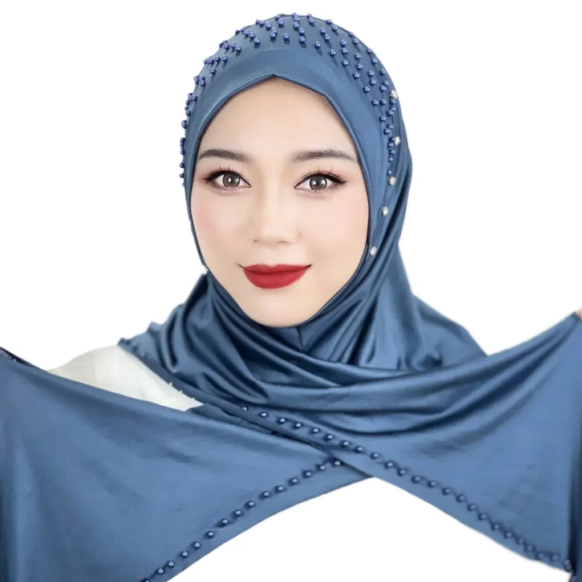 Convenient Instant Hijab Pullover Beaded Scarf Malay Shawl Women's Solid Color Headscarf (One Cap Gift)