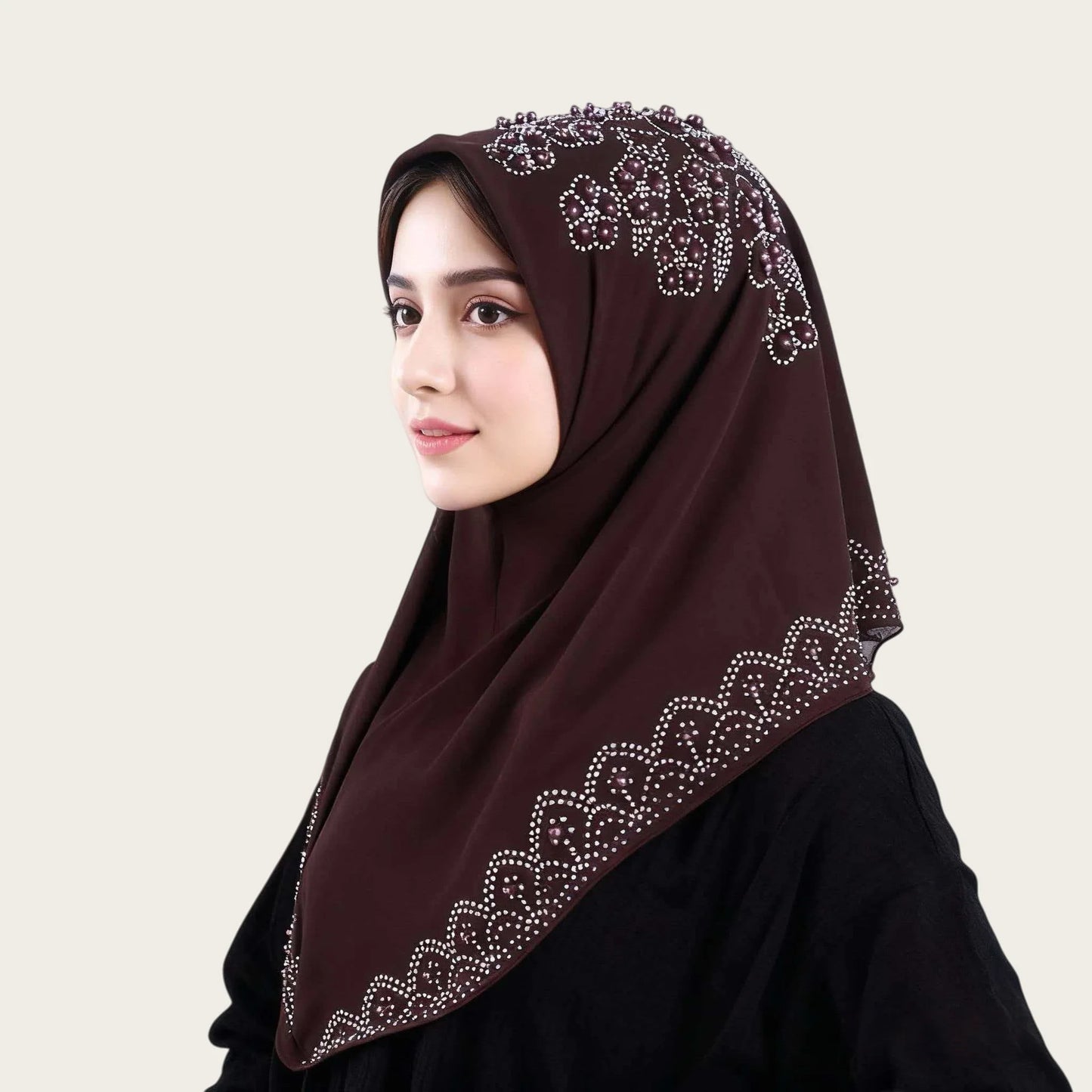 Muslim Square Scarf Women Fashion Rhinestone Hijab Arab Headwrap Turban Headband Pearl Chiffon Islamic Headscarf  Free Pin