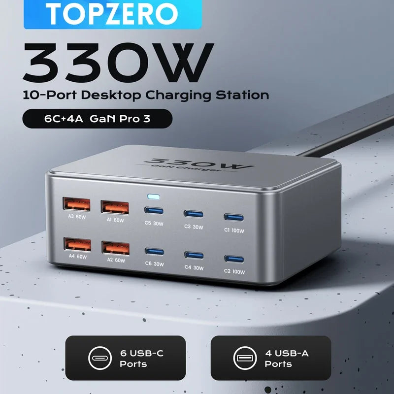 330W GaN USB C Charger, 100W PD3.0 PPS Fast Charging Station with 4-Port (3x USB-C, 1x USB-A). Compact Desktop Power Adapter for
