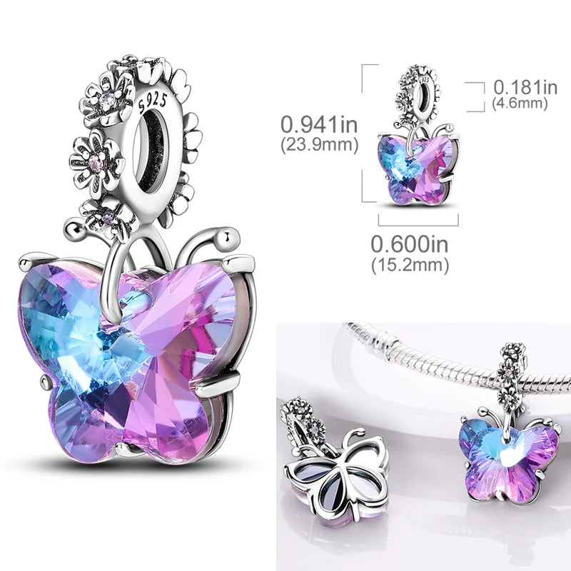 2026 Hot Sale Charms Bead 925 Sterling Sliver Pink Butterfly Luminous Firefly Dangle Fit Bangle Bracelet Necklace DIY Jewelry
