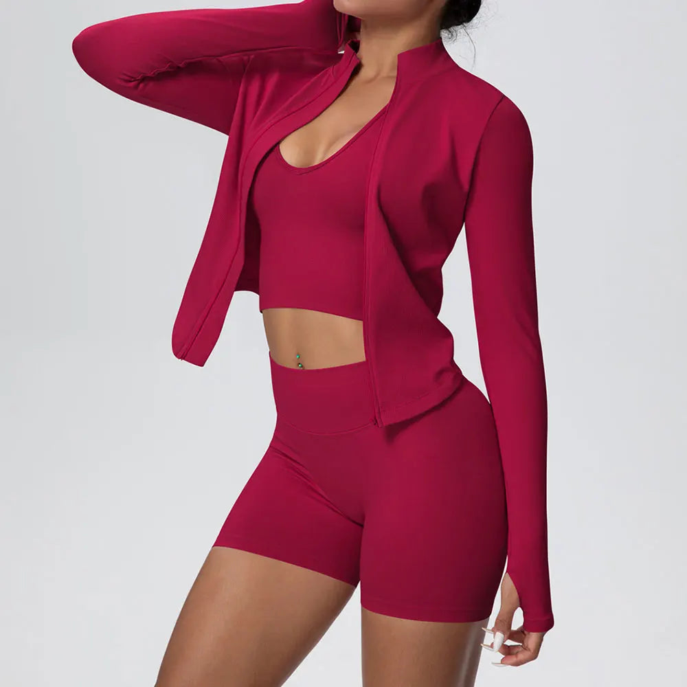 Women Seamless Sportswear Yoga Set 3PCS Workout Clothes Sports Gym Legging Shockproof Fitness Bra Crop Top Long Sleeve Yoga Suit