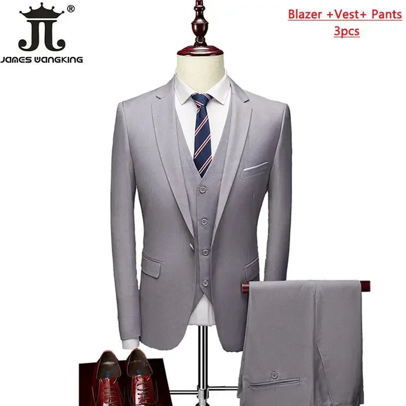 M-6XL 15 Colors ( Jacket+Vest+Pants ) Formal Business Office Men's Suits Groom Wedding Dress Party Dress Solid Color Suit