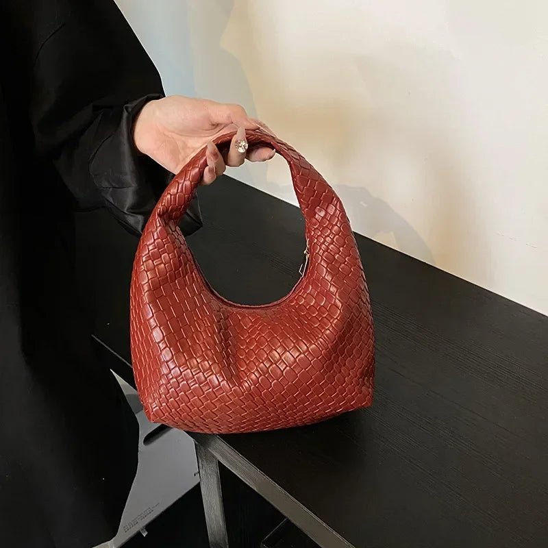Retro Casual Versatile PU Leather Tote Bag,Fashion Woven Embossed Shoulder Bags ,Knotted Decorative Hobo Bag,Pleated Cloud Bag