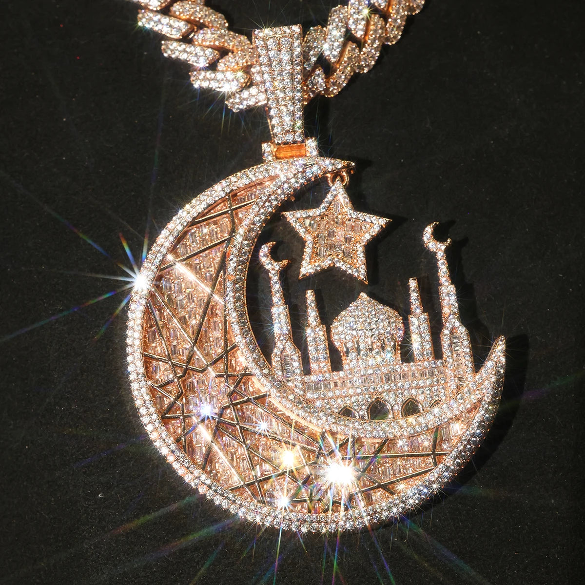 Iced Crescent Mosque Star Pendant Men Hip Hop Charm 18K Rose Gold Plated Full Paved CZ Bling Jewelry Islamic Muslim Religious Moon Cuban Link Chain Accessories Shiny Faith Statement For Rappers Club Urban Street Daily Fashion