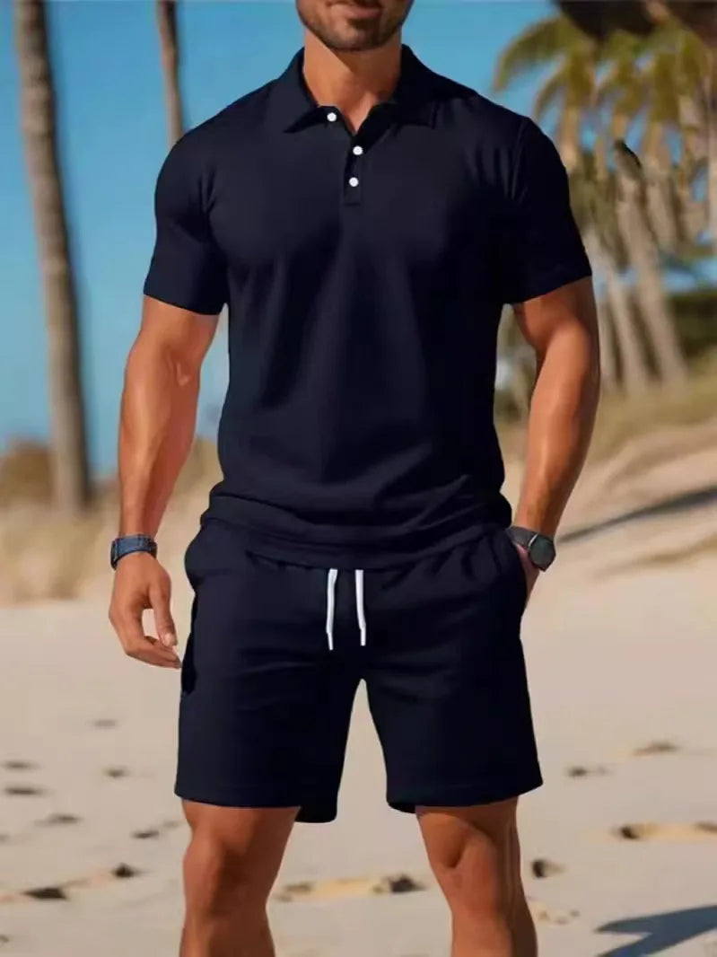 Summer Casual Versatile Fashion Short-Sleeved Button-Down Polo Shirt And Breathable Mesh Shorts Set for Men Plus Size