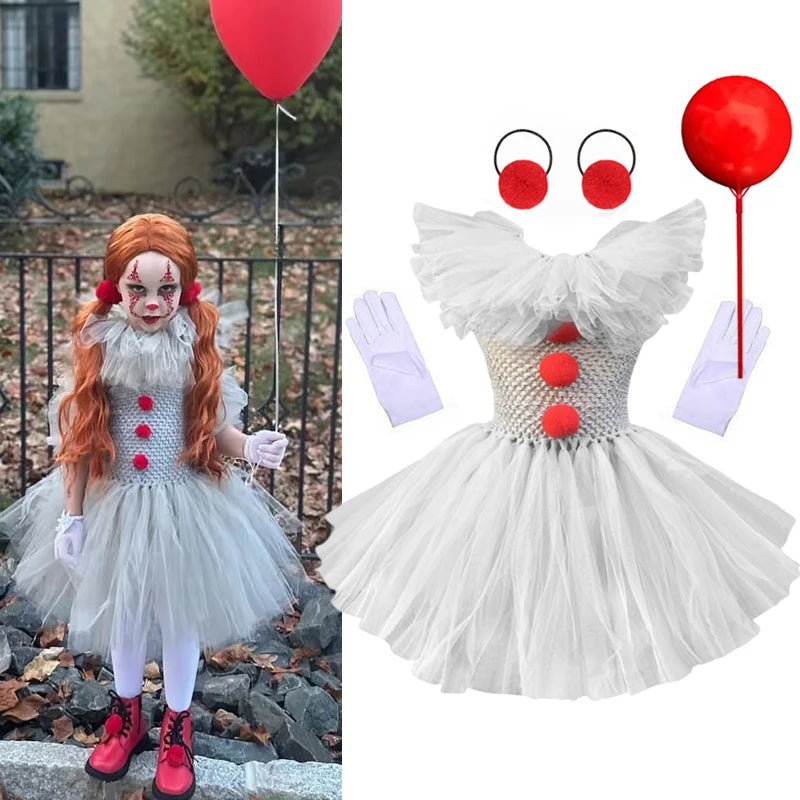 Halloween Grey Joker Costume for Kids Clown Cosplay Carnival Party Clothes Gray Children Girls Fancy Tulle Tutu Dresses