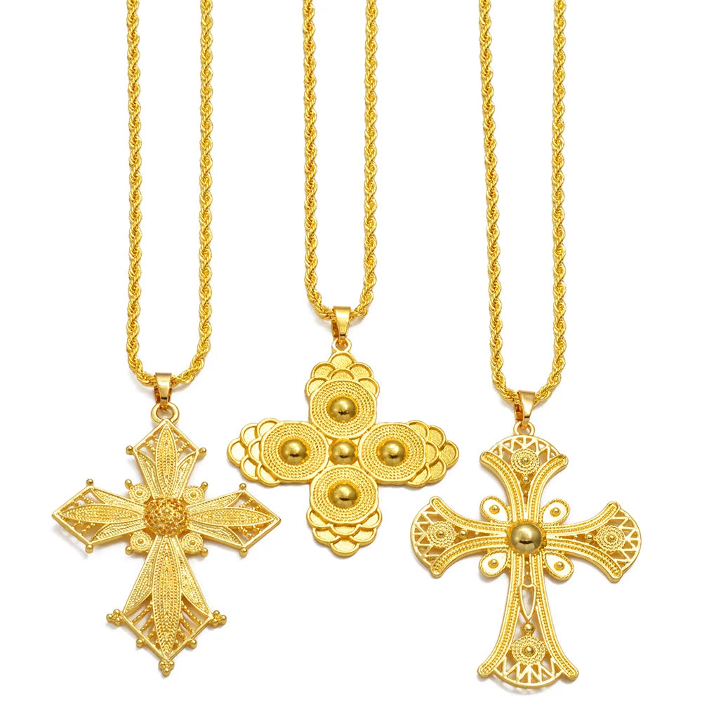 Anniyo Ethiopian Cross Pendant Necklaces for Women  Gold Color Habesha Eritrean African Ethnic Traditional Jewelry #346106