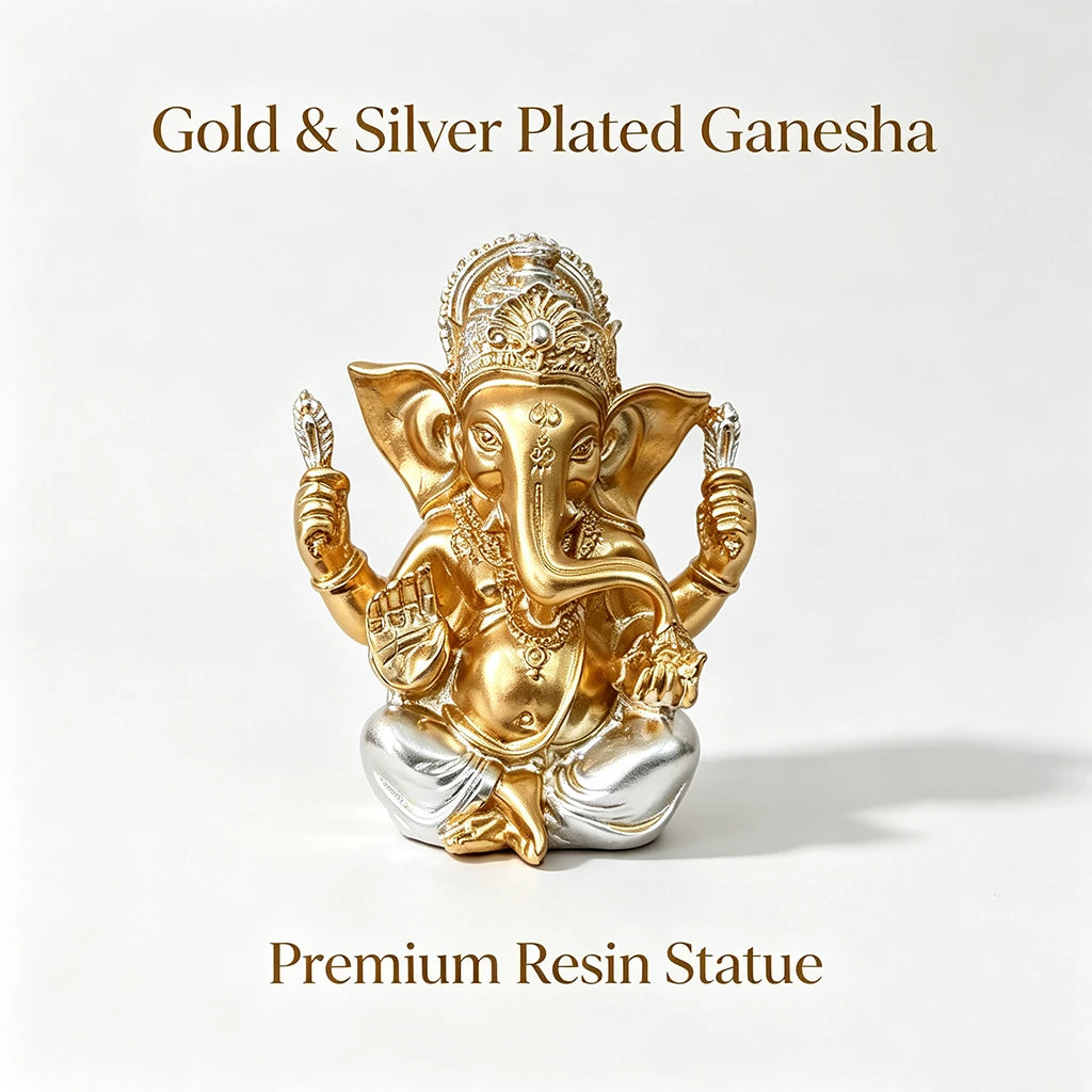 Golden Ganesha Statue Resin Figurine Hindu Elephant God Sculpture Lucky Decor for Home Living Room Office Meditation Room Gift