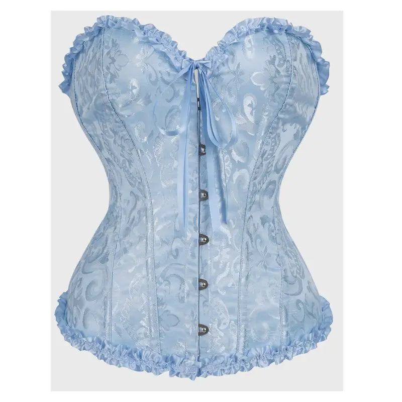 Women's Strapless Sweetheart Corset Light Blue Floral Jacquard Ruffle Frill Bustier