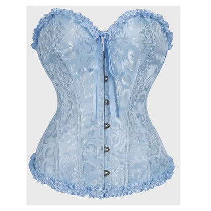 Women's Strapless Sweetheart Corset Light Blue Floral Jacquard Ruffle Frill Bustier