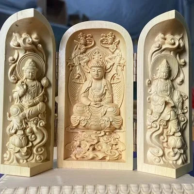 Solid Wood Carving Three Open Buddha Statue, Collapsible Sculpture, Living Room and Bedroom Decoration, Modern Art