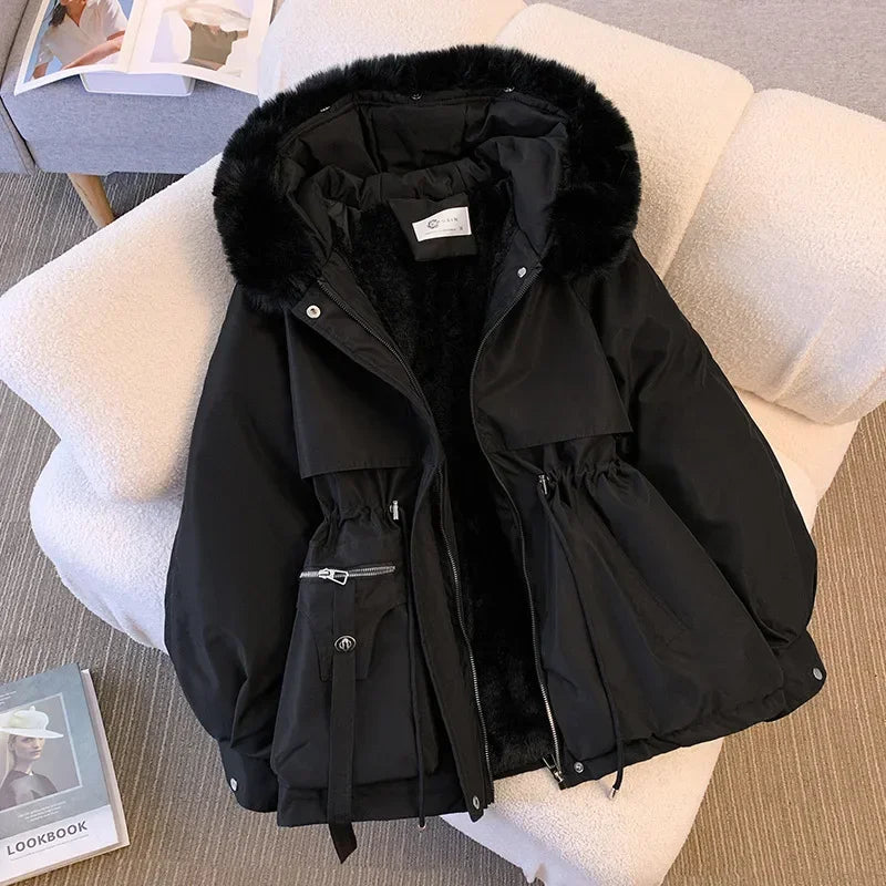 New Women's Cotton-Padded Plush Warm Coat 2024 Autumn Winter Parkas Coat Women's Long Sleeve Zipper Hooded Drawstring Parkas
