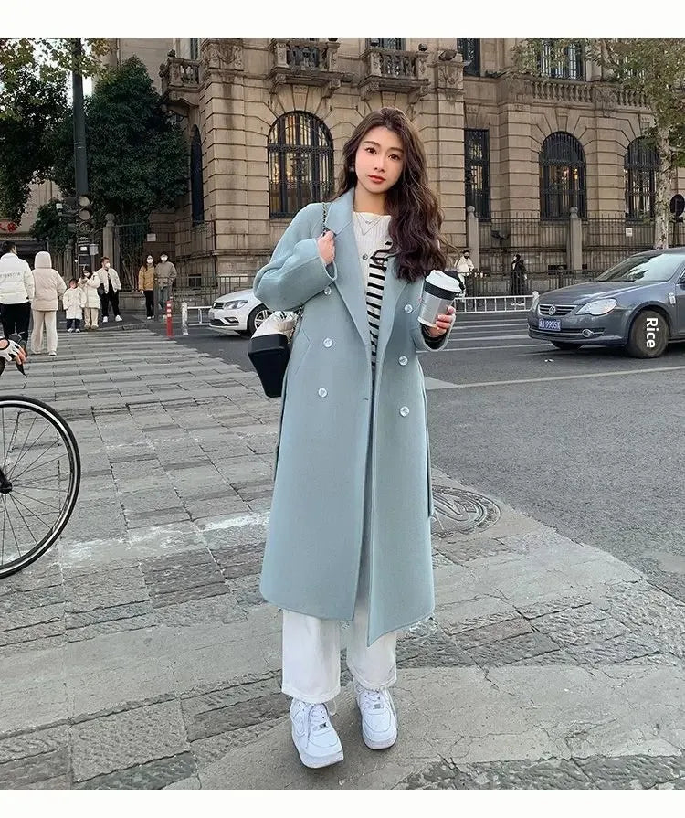 Blue Korean Style Woolen Coat Loose Women's Fashion Autumn Winter New Arrival Medium Length Belted Outerwear for Ladies | Women's Fashion