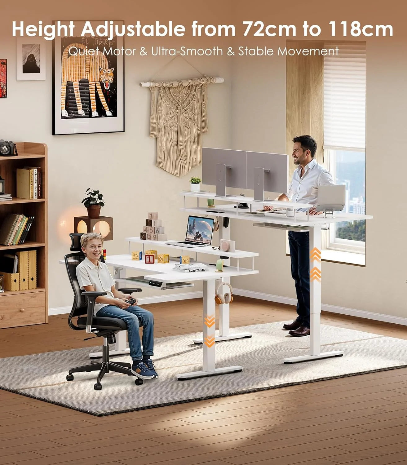 OffiGo Standing Desk, 120cm U Shaped Height Adjustable Desk with Monitor Stand, Electric Sit Stand Rising Table with Sockets,  W