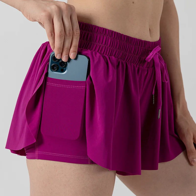 2 in 1 Flowy Sports Shorts Women Running Short Butterfly Tennis Skirt with Pockets Gym Yoga Athletic Biker Spandex Skirts Summer