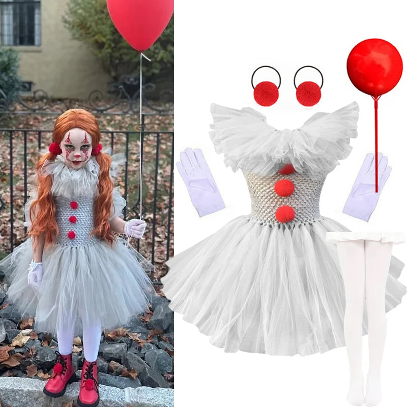 Halloween Grey Joker Costume for Kids Clown Cosplay Carnival Party Clothes Gray Children Girls Fancy Tulle Tutu Dresses