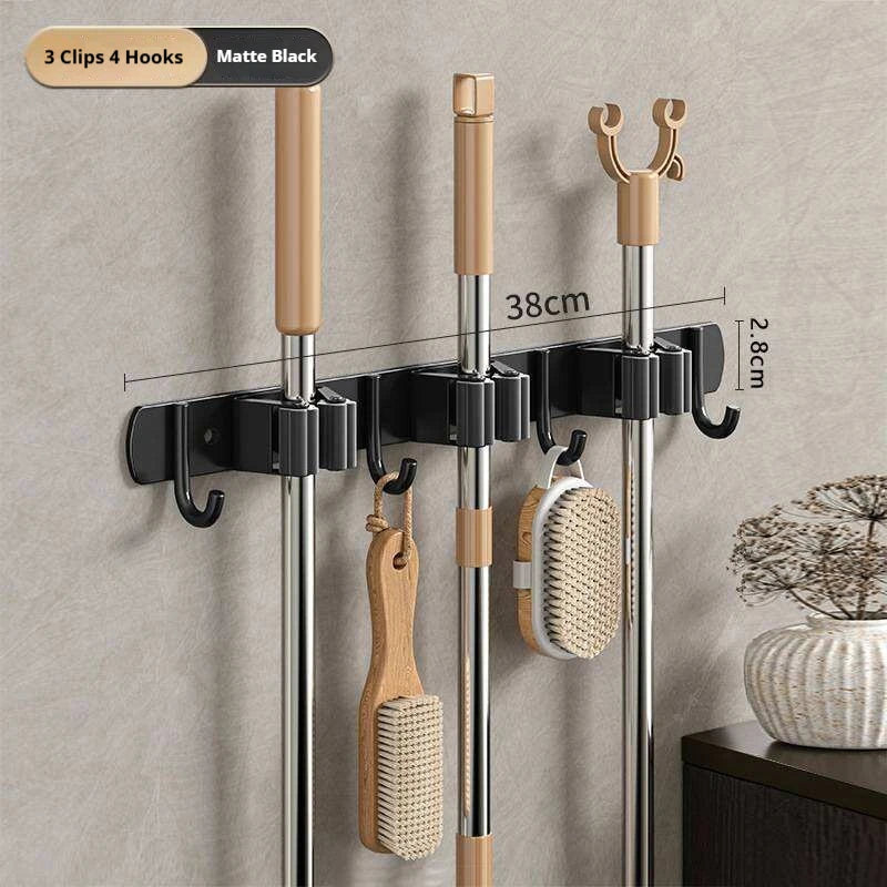 Stainless Steel Mop Broom Holder Wall Mounted No-Drilling Self Adhesive Heavy Duty Utility Storage Rack Garage Garden Organizer